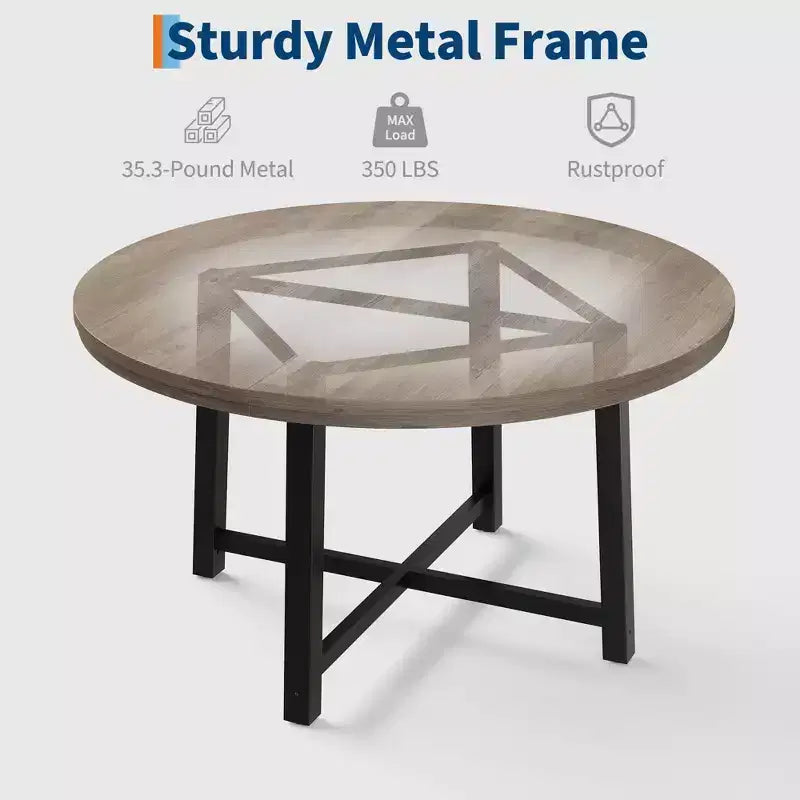 Table de salle à manger industrielle ronde de 47 pour 4 à 6 personnes, table de cuisine circulaire en bois avec solide piètement en métal et finition rustique, pour salle à manger et cuisine