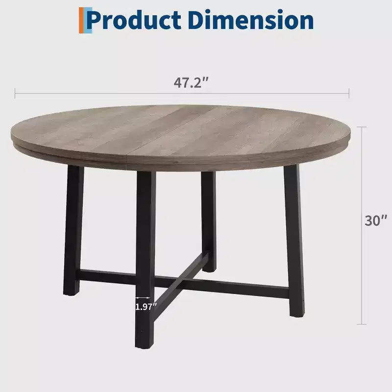 Table de salle à manger industrielle ronde de 47 pour 4 à 6 personnes, table de cuisine circulaire en bois avec solide piètement en métal et finition rustique, pour salle à manger et cuisine