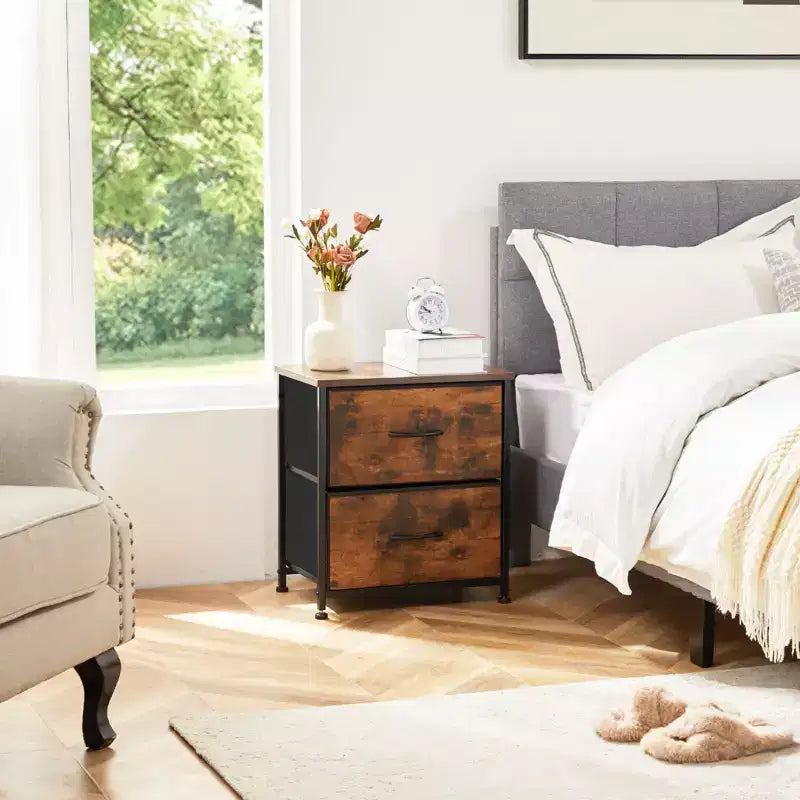 Aufbewahrungsschrank mit 2 Schubladen, Metallgestell und Holzplatte, Kommode mit Stoffschubladen für Schlafzimmer, Kleiderschrank oder Wohnzimmer
