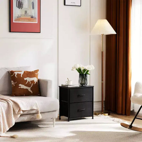 Meuble de rangement à 2 tiroirs avec cadre en métal et plateau en bois, commode à tiroirs en tissu pour chambre, placard ou salon