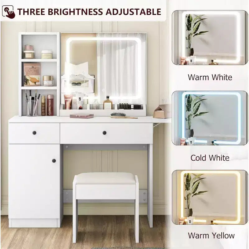 Ensemble coiffeuse moderne avec LED - siège en similicuir et panneau de particules écologique, miroir de maquillage à 3 modes d’éclairage - coiffeuse avec tiroirs et étagères