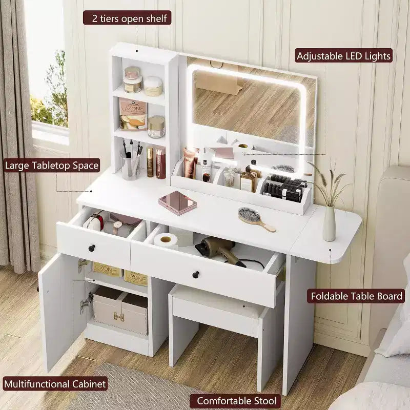 Ensemble coiffeuse moderne avec LED - siège en similicuir et panneau de particules écologique, miroir de maquillage à 3 modes d’éclairage - coiffeuse avec tiroirs et étagères
