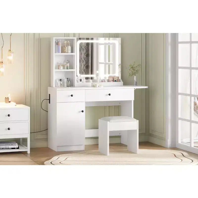 Tocador moderno con luces LED - asiento de cuero sintético y tablero de partículas ecológico, espejo de maquillaje con 3 modos de luz - tocador con cajones y estantes