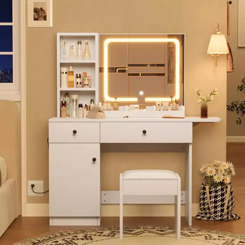 Tocador moderno con luces LED - asiento de cuero sintético y tablero de partículas ecológico, espejo de maquillaje con 3 modos de luz - tocador con cajones y estantes