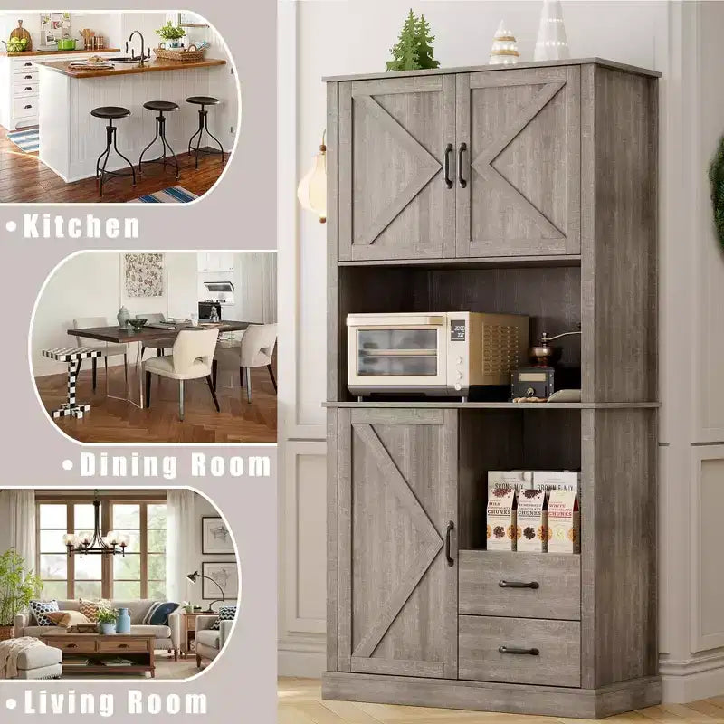 Garde-manger avec 2 tiroirs et étagères ouvertes, meuble de cuisine haut autoportant avec étagère pour micro-ondes, vaisselier de cuisine