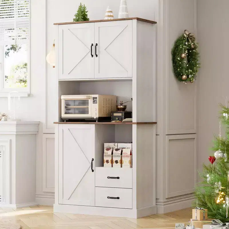 Garde-manger avec 2 tiroirs et étagères ouvertes, meuble de cuisine haut autoportant avec étagère pour micro-ondes, vaisselier de cuisine