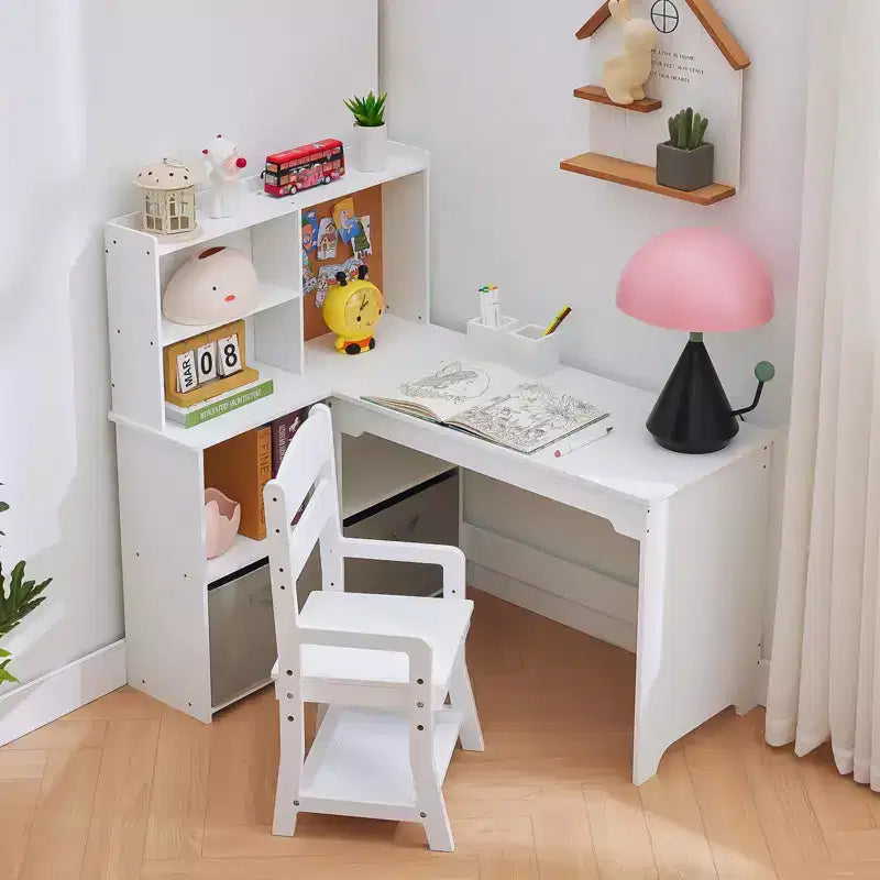 Bureau d’angle pour enfants, ensemble bureau et chaise, table d’étude en L - avec tableau d’affichage, étagères ouvertes et placards de rangement