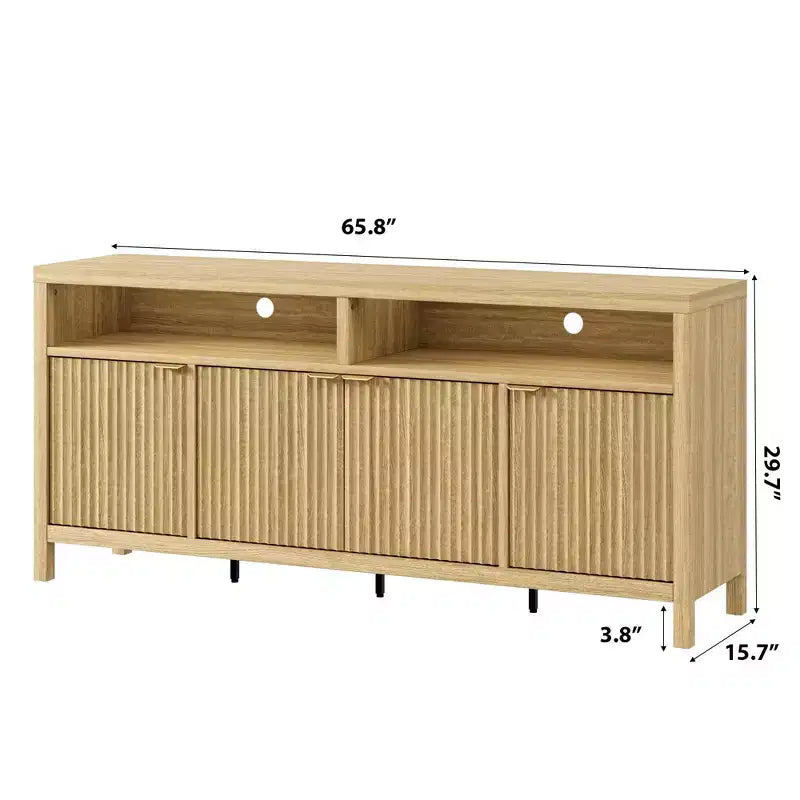 Armario de almacenamiento acanalado de acabado natural, aparador de 65in de ancho con estantes ajustables y tiradores dorados, mueble decorativo para bar de café en la cocina