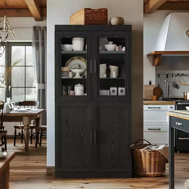 Armoire de cuisine autoportante en bois avec étagères et portes, grande capacité de rangement