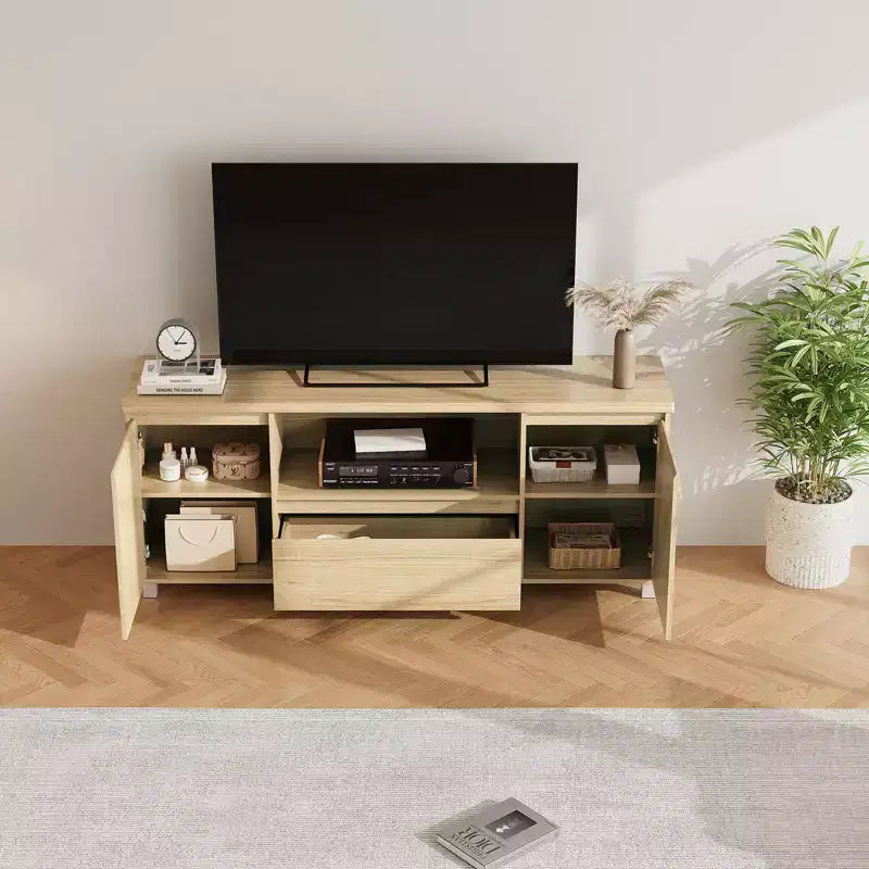 Mueble de TV de madera con 1 cajón y 2 armarios cerrados, amplio espacio de almacenamiento oculto para organizar dispositivos multimedia y artículos esenciales de la sala de estar