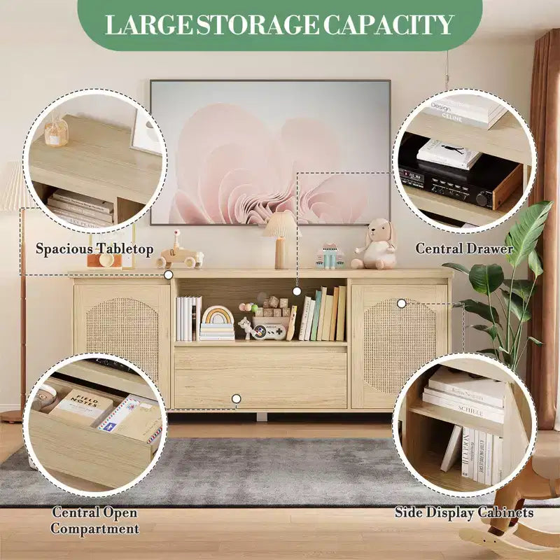 Mueble de TV de madera con 1 cajón y 2 armarios cerrados, amplio espacio de almacenamiento oculto para organizar dispositivos multimedia y artículos esenciales de la sala de estar