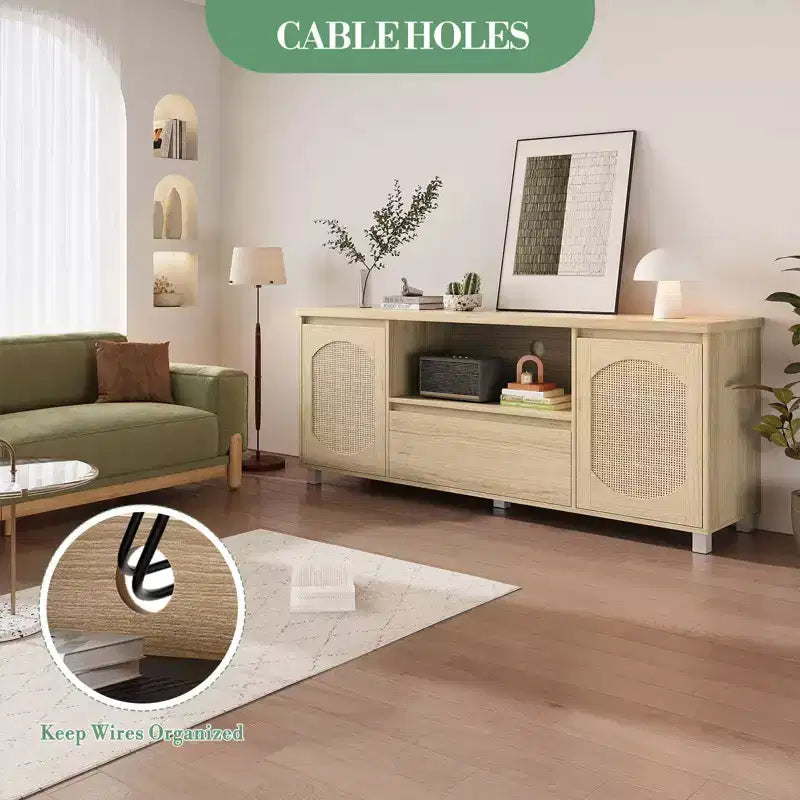 Meuble TV en bois avec 1 tiroir et 2 placards fermés, vaste rangement dissimulé pour organiser les appareils multimédias et les essentiels du salon