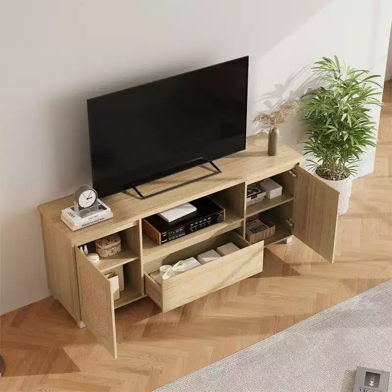 Meuble TV en bois avec 1 tiroir et 2 placards fermés, vaste rangement dissimulé pour organiser les appareils multimédias et les essentiels du salon