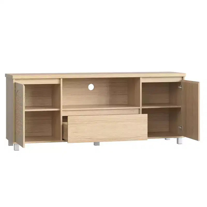 Meuble TV en bois avec 1 tiroir et 2 placards fermés, vaste rangement dissimulé pour organiser les appareils multimédias et les essentiels du salon