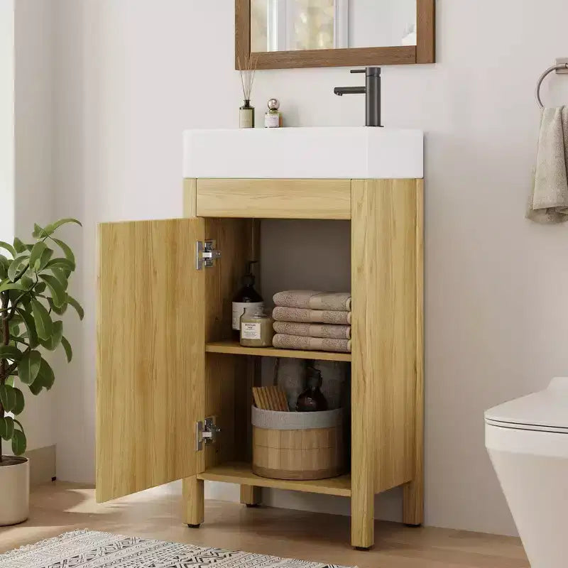 16 Badezimmer-Waschtisch mit Waschbecken, freistehender Waschtischunterschrank mit 2 Türen mit Soft-Close-Funktion und Schublade, Waschtischunterschrank aus Holz, einfach aufzubauen und zu reinigen