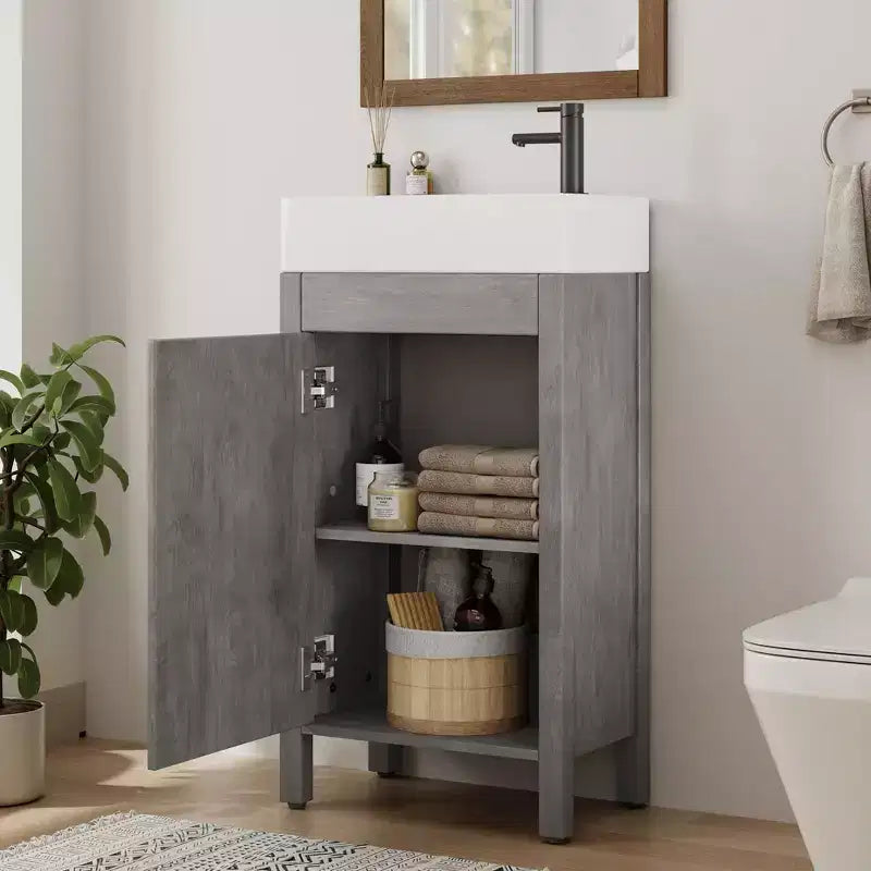16 Badezimmer-Waschtisch mit Waschbecken, freistehender Waschtischunterschrank mit 2 Türen mit Soft-Close-Funktion und Schublade, Waschtischunterschrank aus Holz, einfach aufzubauen und zu reinigen