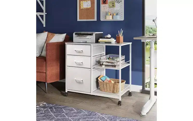 Archivador móvil con 3 cajones, soporte rodante para impresora con estante de almacenamiento abierto, archivador lateral de tela compatible con A4 o carta, blanco