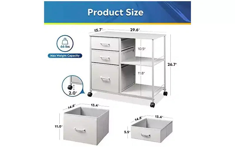Archivador móvil con 3 cajones, soporte rodante para impresora con estante de almacenamiento abierto, archivador lateral de tela compatible con A4 o carta, blanco