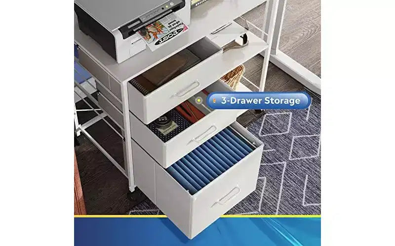 Archivador móvil con 3 cajones, soporte rodante para impresora con estante de almacenamiento abierto, archivador lateral de tela compatible con A4 o carta, blanco