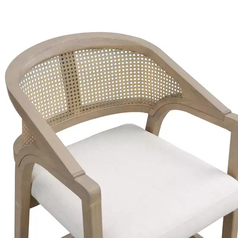 Barhocker aus Gummibaumholz in Tresenhöhe, Akzentstühle mit Armlehnen und Rattan-Rückenlehne - 2er-Set
