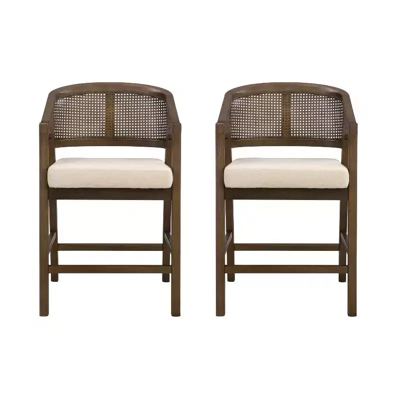Barhocker aus Gummibaumholz in Tresenhöhe, Akzentstühle mit Armlehnen und Rattan-Rückenlehne - 2er-Set