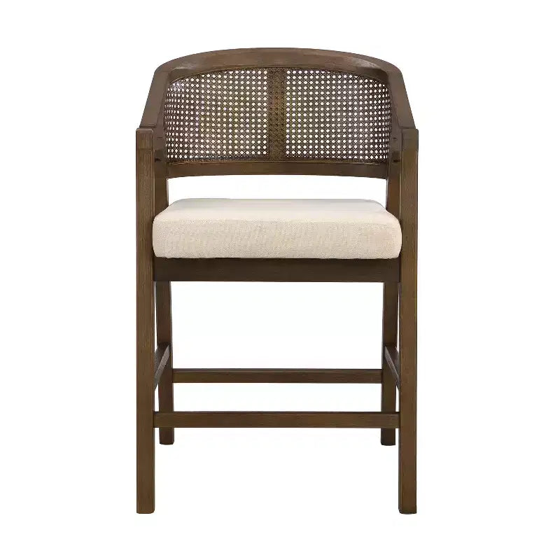 Barhocker aus Gummibaumholz in Tresenhöhe, Akzentstühle mit Armlehnen und Rattan-Rückenlehne - 2er-Set