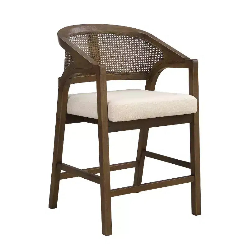 Barhocker aus Gummibaumholz in Tresenhöhe, Akzentstühle mit Armlehnen und Rattan-Rückenlehne - 2er-Set