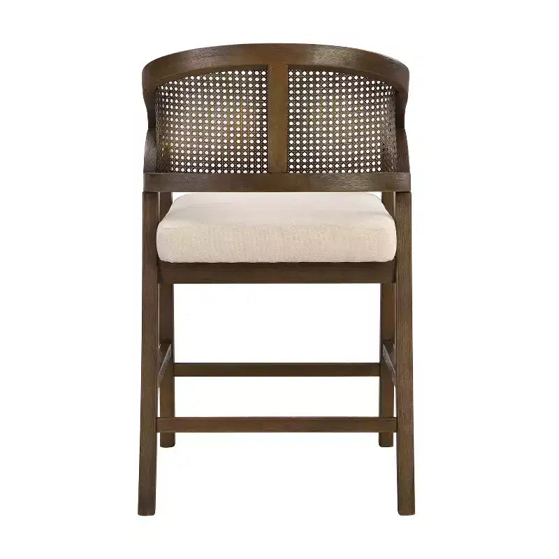 Barhocker aus Gummibaumholz in Tresenhöhe, Akzentstühle mit Armlehnen und Rattan-Rückenlehne - 2er-Set