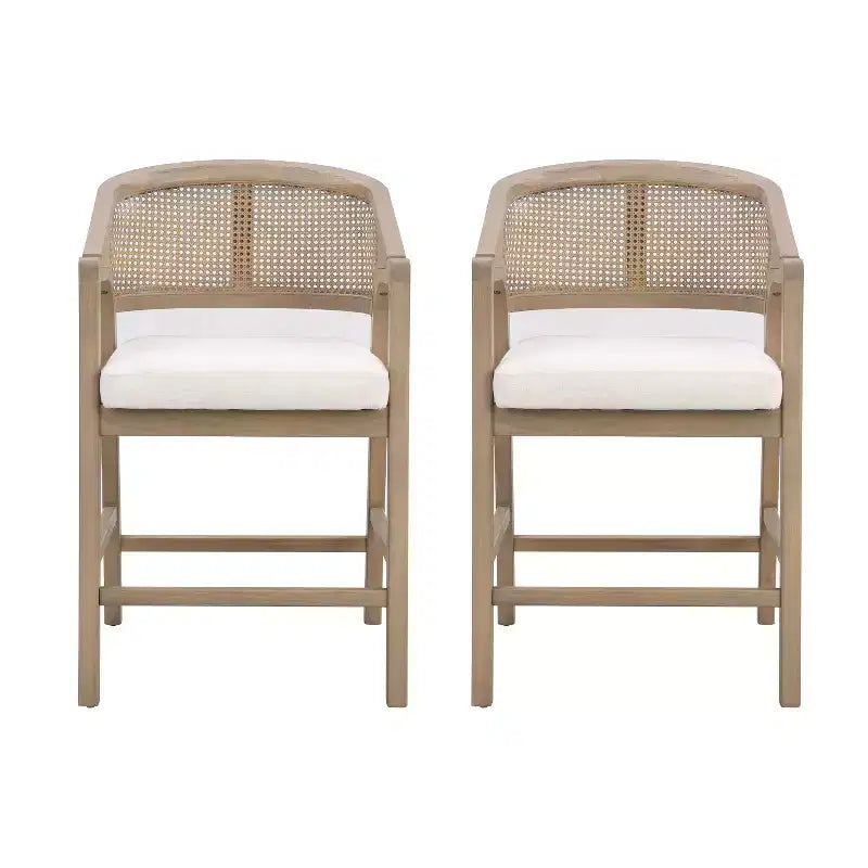 Barhocker aus Gummibaumholz in Tresenhöhe, Akzentstühle mit Armlehnen und Rattan-Rückenlehne - 2er-Set