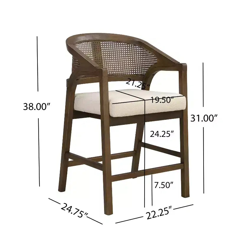 Barhocker aus Gummibaumholz in Tresenhöhe, Akzentstühle mit Armlehnen und Rattan-Rückenlehne - 2er-Set