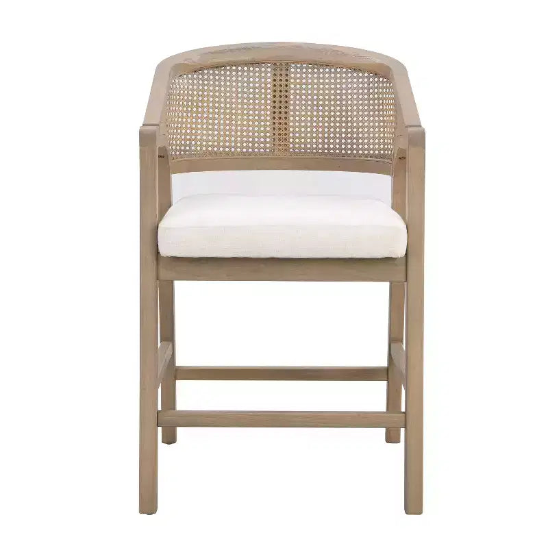 Taburetes de bar de altura de mostrador de madera de caucho, sillones auxiliares con respaldo de ratán - Juego de 2