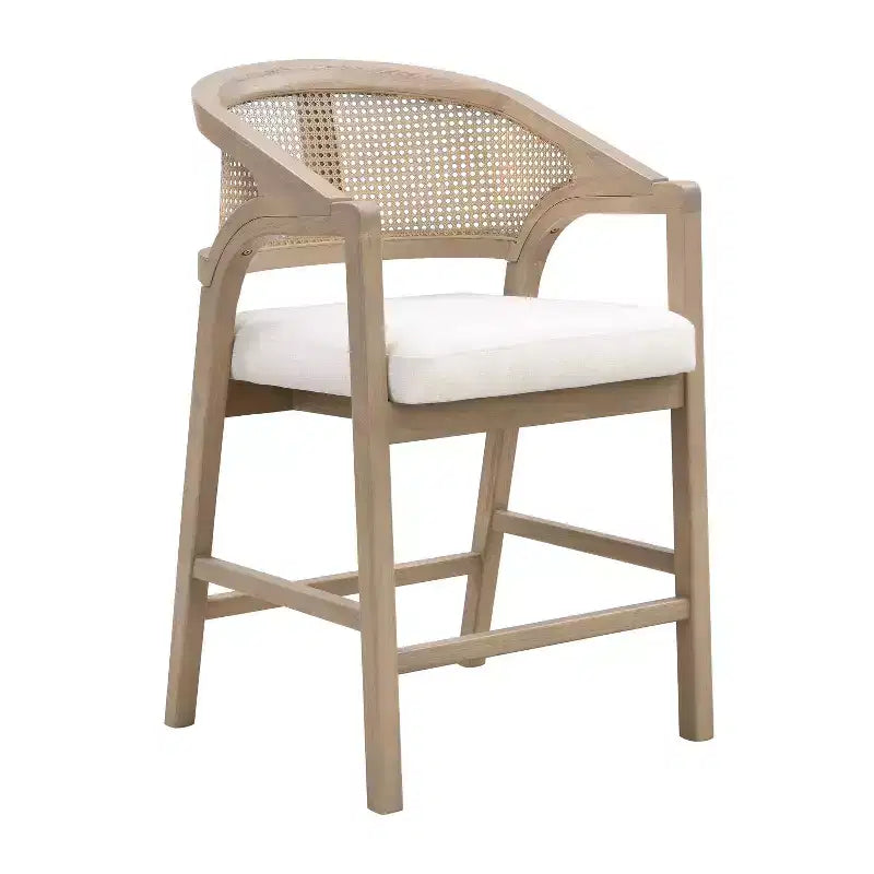 Taburetes de bar de altura de mostrador de madera de caucho, sillones auxiliares con respaldo de ratán - Juego de 2