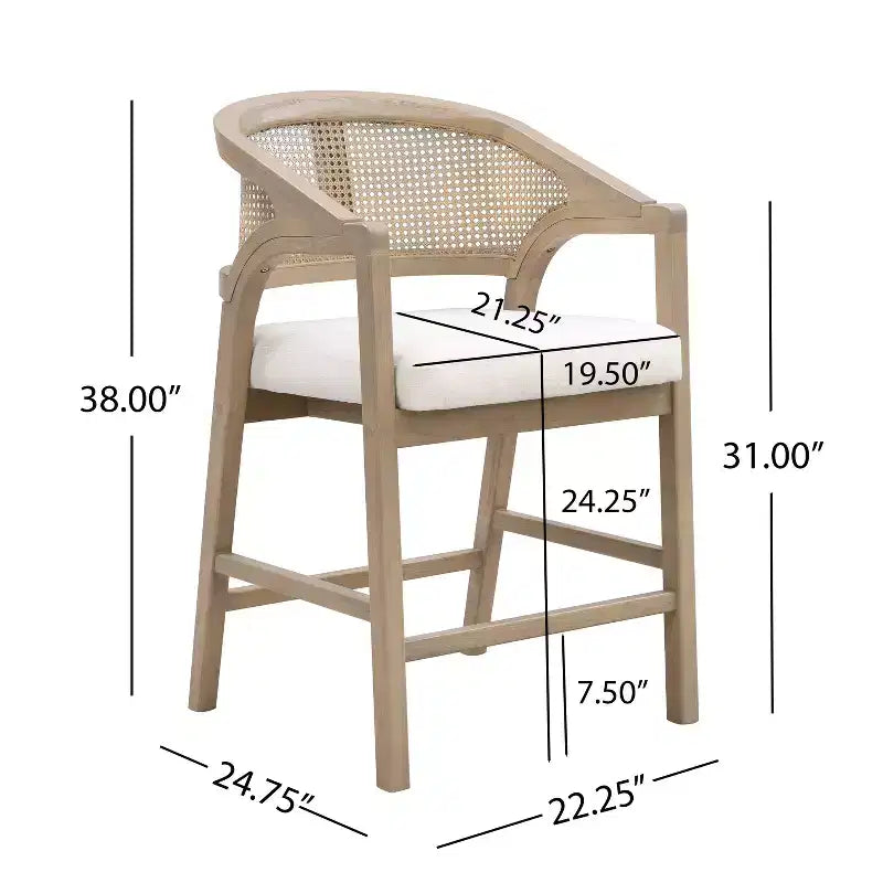 Barhocker aus Gummibaumholz in Tresenhöhe, Akzentstühle mit Armlehnen und Rattan-Rückenlehne - 2er-Set