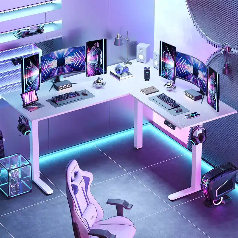 63 L-förmiger Schreibtisch mit Haken, höhenverstellbarer Gaming-Schreibtisch mit Ladestation und Steckdose fürs Homeoffice und Schlafzimmer