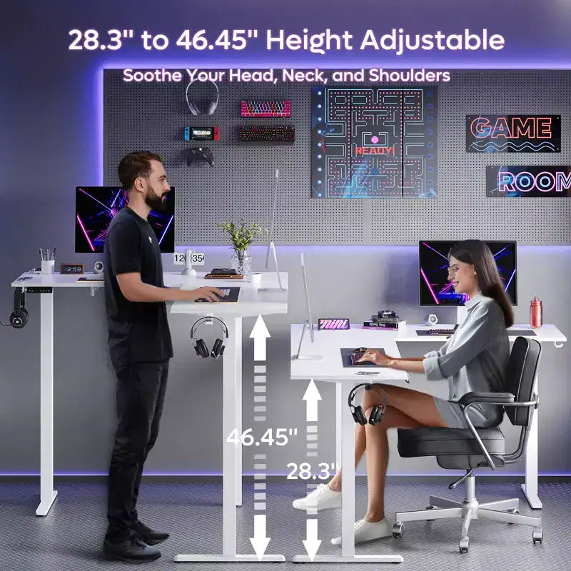 63 L-förmiger Schreibtisch mit Haken, höhenverstellbarer Gaming-Schreibtisch mit Ladestation und Steckdose fürs Homeoffice und Schlafzimmer