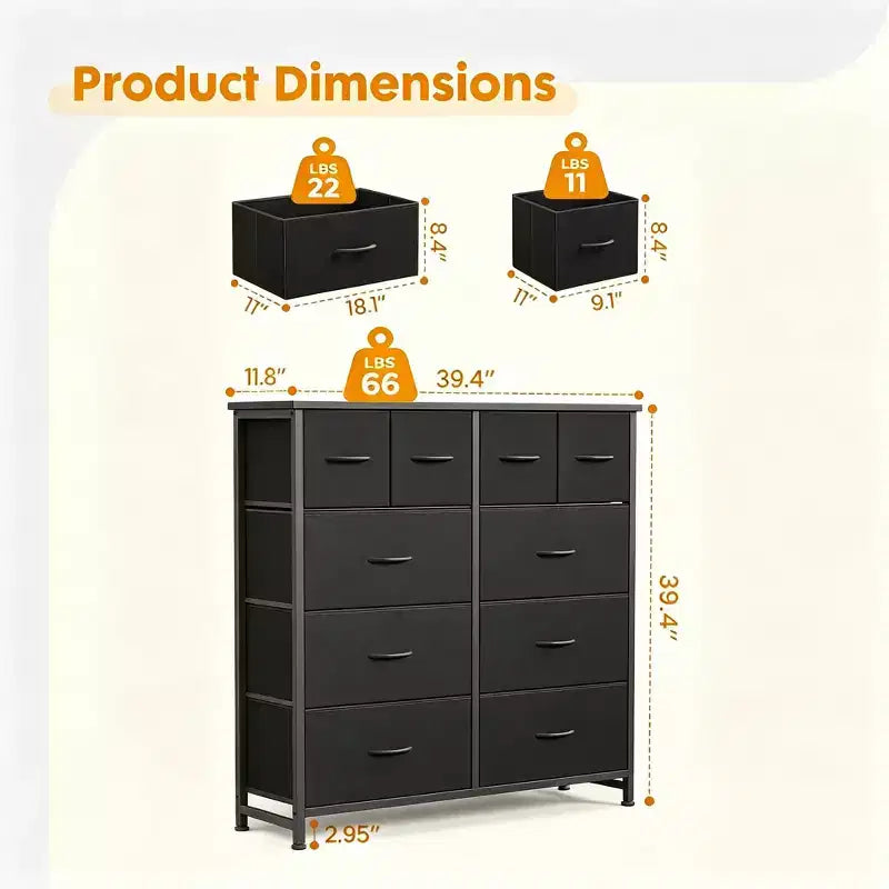 Armario de almacenamiento con 10 cajones - Organizador fácil de montar para el dormitorio, con diseño antivuelco y patas ajustables, negro