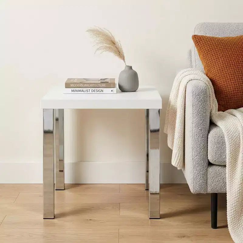 Table d’appoint carrée de 22, chrome et blanc brillant