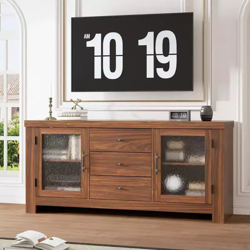 Aparador de madera de 54.4 con 2 puertas de vidrio y 3 cajones, mueble de almacenamiento decorativo, estación de café y soporte de TV para el comedor y la sala de estar
