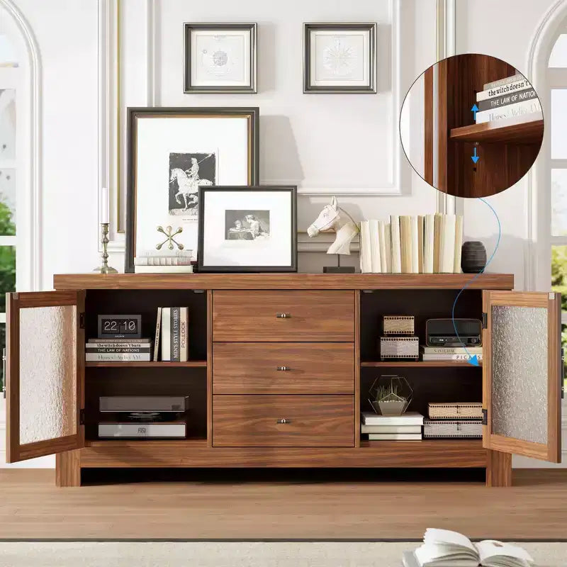 Aparador de madera de 54.4 con 2 puertas de vidrio y 3 cajones, mueble de almacenamiento decorativo, estación de café y soporte de TV para el comedor y la sala de estar