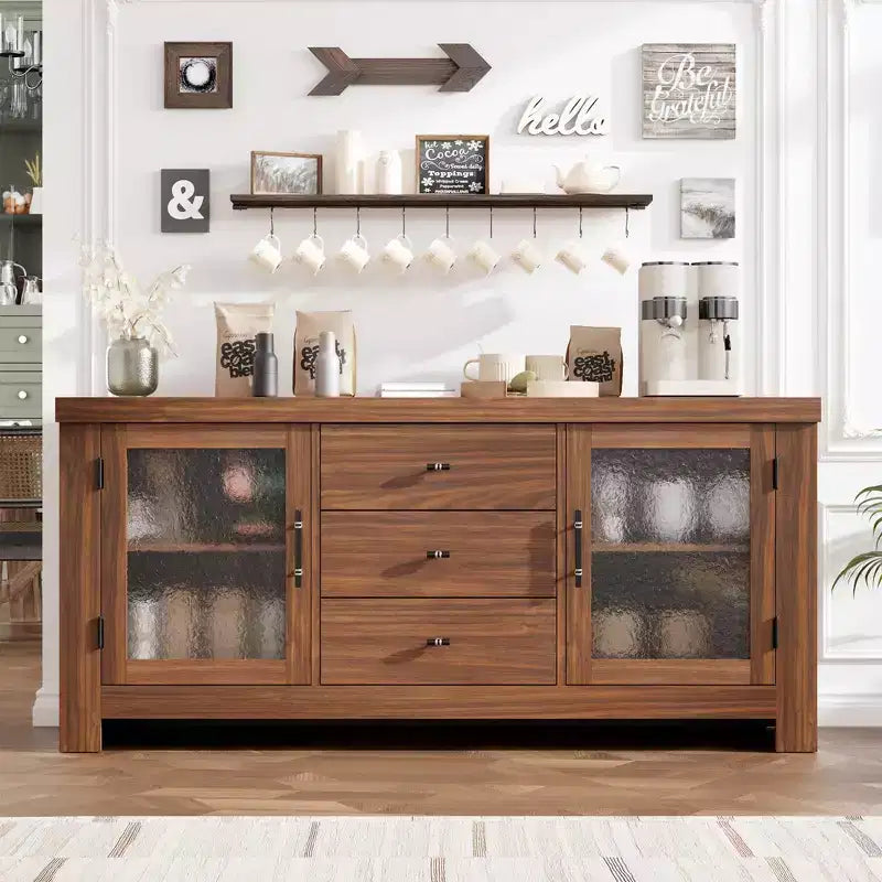 Aparador de madera de 54.4 con 2 puertas de vidrio y 3 cajones, mueble de almacenamiento decorativo, estación de café y soporte de TV para el comedor y la sala de estar