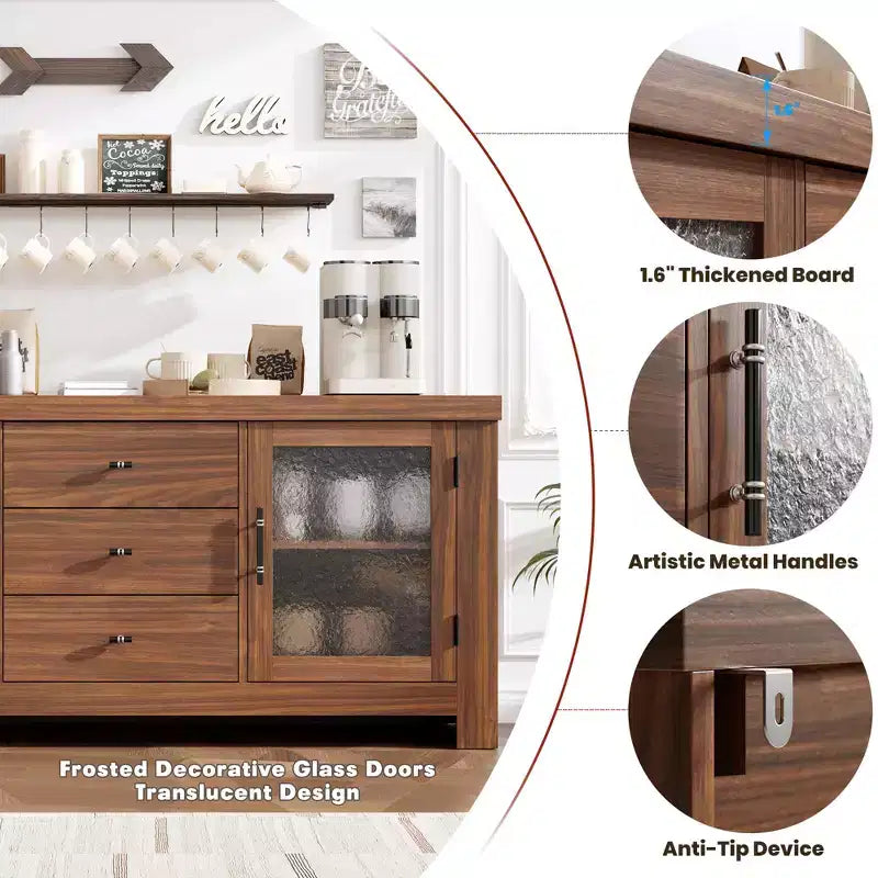Aparador de madera de 54.4 con 2 puertas de vidrio y 3 cajones, mueble de almacenamiento decorativo, estación de café y soporte de TV para el comedor y la sala de estar
