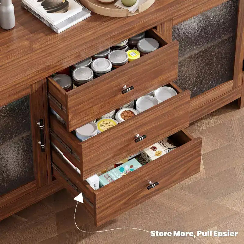 Aparador de madera de 54.4 con 2 puertas de vidrio y 3 cajones, mueble de almacenamiento decorativo, estación de café y soporte de TV para el comedor y la sala de estar