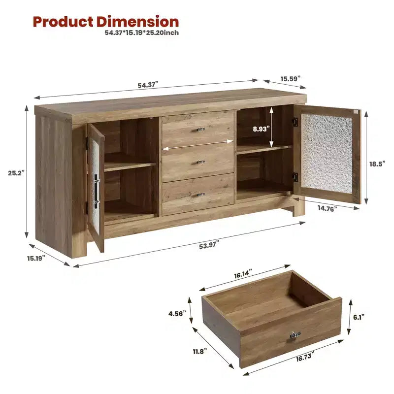 Aparador de madera de 54.4 con 2 puertas de vidrio y 3 cajones, mueble de almacenamiento decorativo, estación de café y soporte de TV para el comedor y la sala de estar