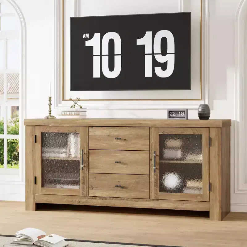 Aparador de madera de 54.4 con 2 puertas de vidrio y 3 cajones, mueble de almacenamiento decorativo, estación de café y soporte de TV para el comedor y la sala de estar