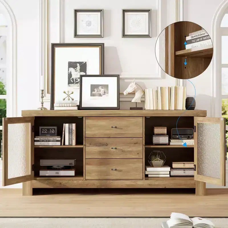 Aparador de madera de 54.4 con 2 puertas de vidrio y 3 cajones, mueble de almacenamiento decorativo, estación de café y soporte de TV para el comedor y la sala de estar