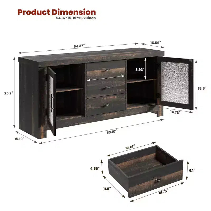 Aparador de madera de 54.4 con 2 puertas de vidrio y 3 cajones, mueble de almacenamiento decorativo, estación de café y soporte de TV para el comedor y la sala de estar