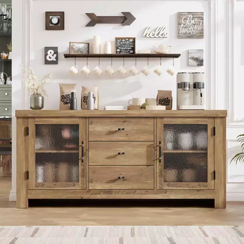 Aparador de madera de 54.4 con 2 puertas de vidrio y 3 cajones, mueble de almacenamiento decorativo, estación de café y soporte de TV para el comedor y la sala de estar