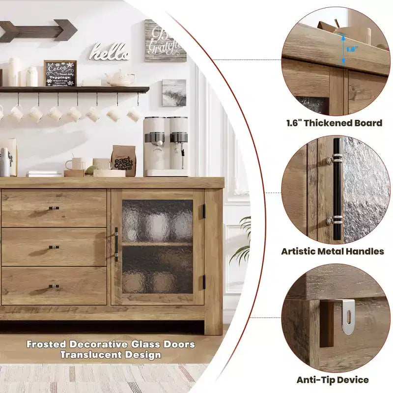 Aparador de madera de 54.4 con 2 puertas de vidrio y 3 cajones, mueble de almacenamiento decorativo, estación de café y soporte de TV para el comedor y la sala de estar
