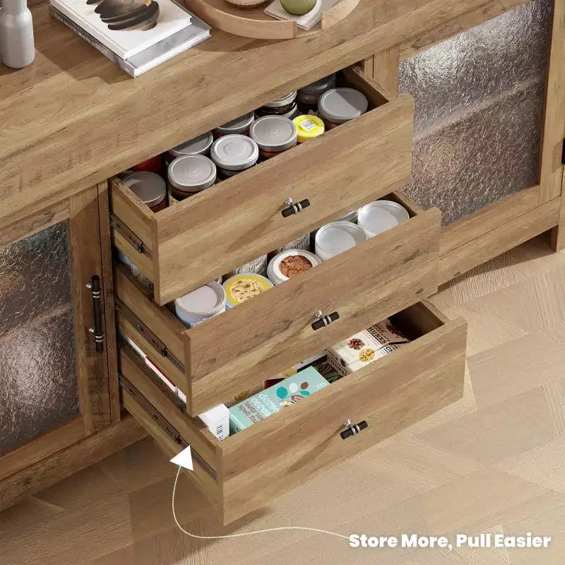 Aparador de madera de 54.4 con 2 puertas de vidrio y 3 cajones, mueble de almacenamiento decorativo, estación de café y soporte de TV para el comedor y la sala de estar