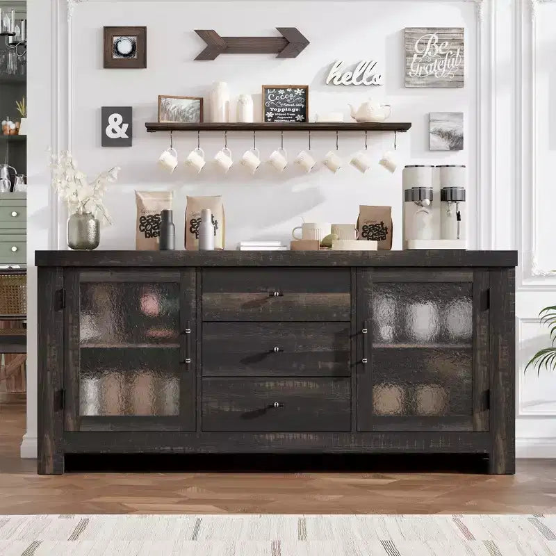 Aparador de madera de 54.4 con 2 puertas de vidrio y 3 cajones, mueble de almacenamiento decorativo, estación de café y soporte de TV para el comedor y la sala de estar